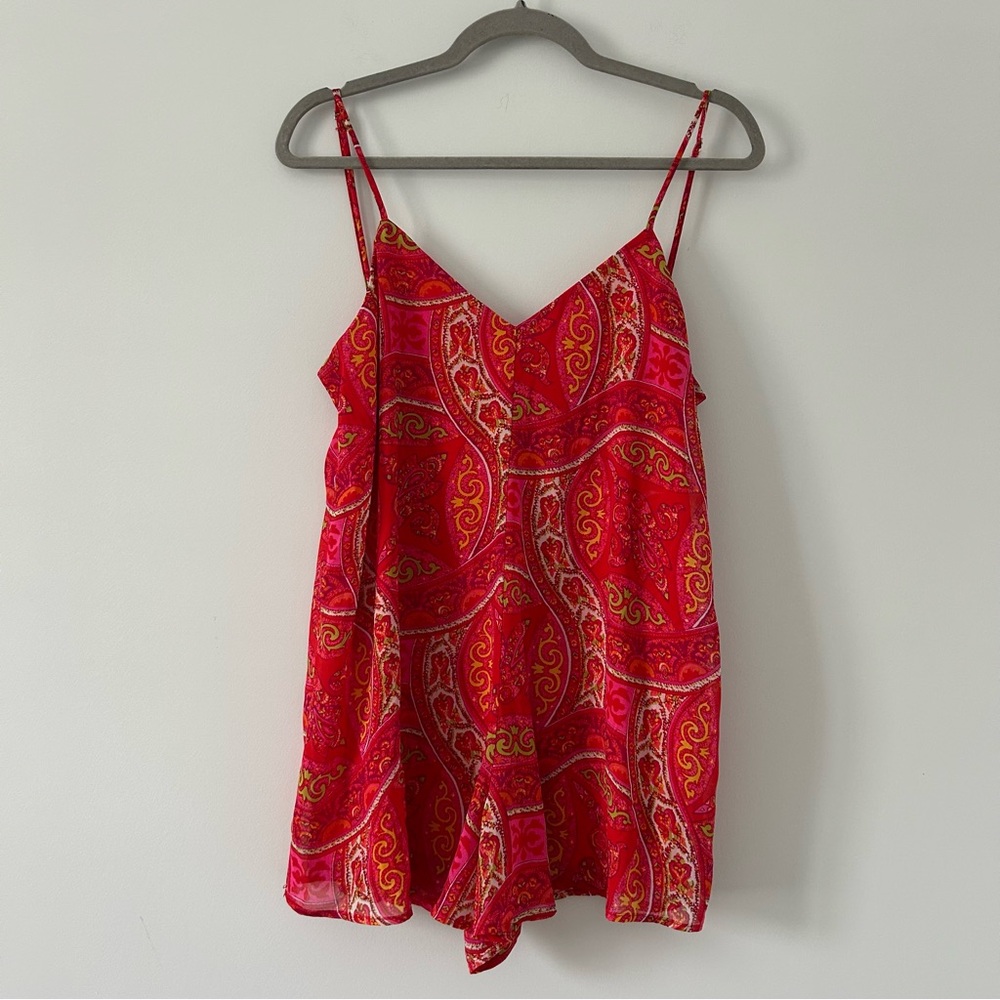 Show Me Your Mumu Rascal Romper Sleeveless V Neck Red Pink Paisley Tutti Frutti